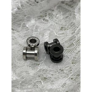 Rhinestone Silver and Black Screw Top Tunnels - Set of 2